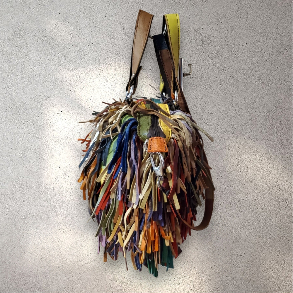 Vintage Multicolored All Leather Fringed Handbag Y2K Boho Tassel Satchel Purse - Picture 14 of 14